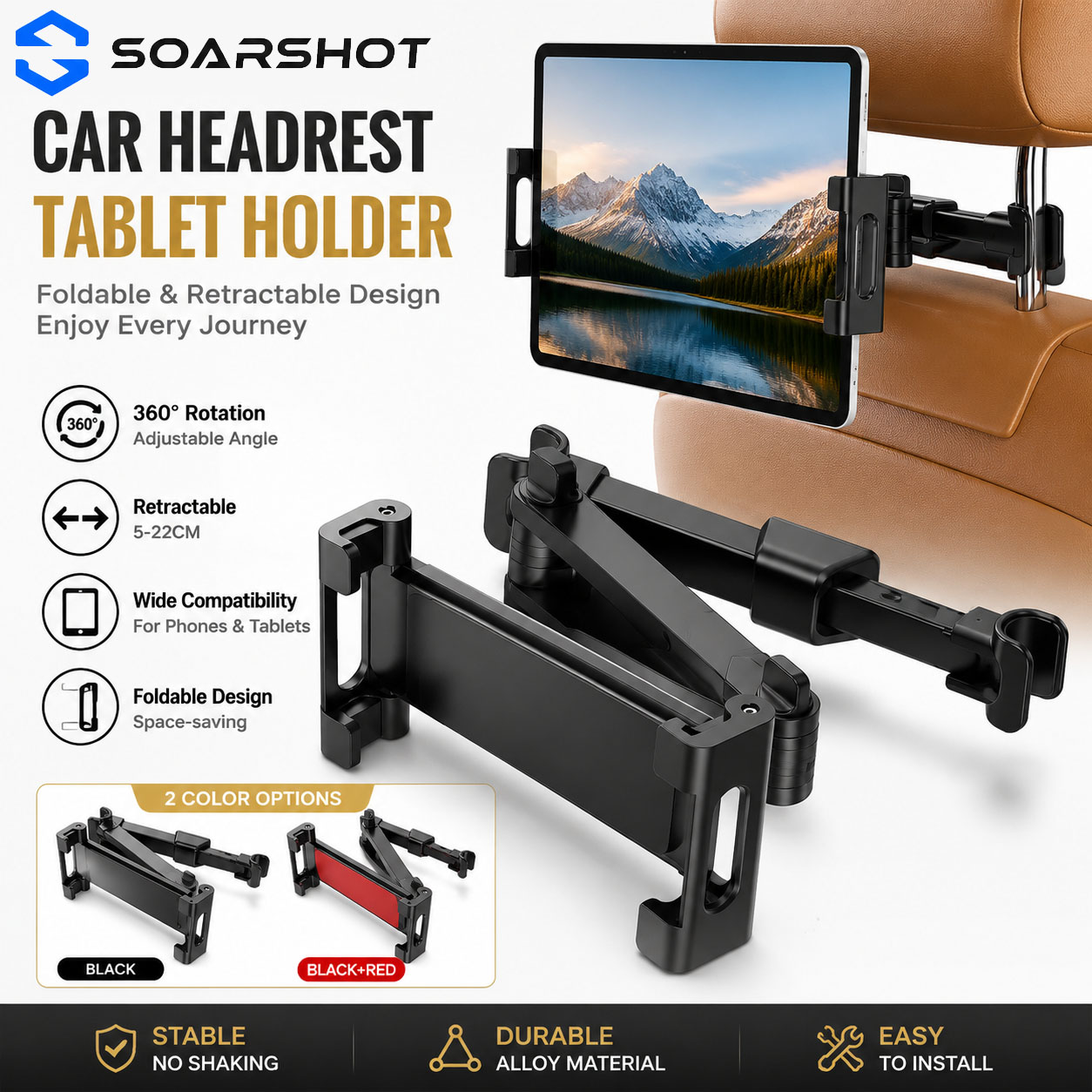 Toddler Tablet Accessories - SOARSHOT Car Headrest Tablet Holder 360°